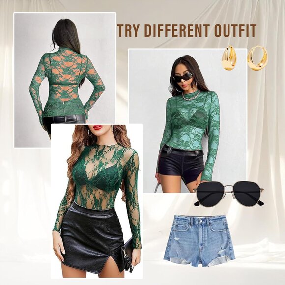 🆕Women Green Polyester Lace Long Sleeve Mesh Sheer Sexy See-Through Y2K Top - Picture 7 of 7